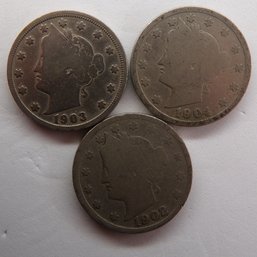 (3) Liberty Head V Nickels 1902, 1903, 1904