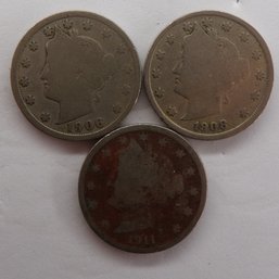 (3) Liberty Head V Nickels 1906, 1908, 1911