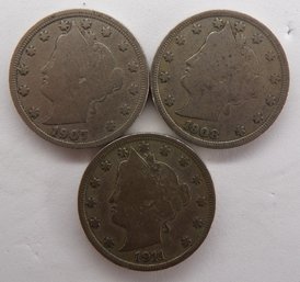 (3) Liberty Head V Nickels 1907, 1908, 1911