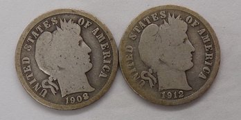 1908 & 1912-D Barber Silver Dimes