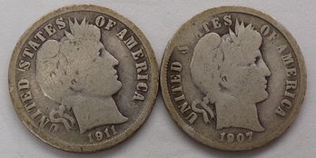 1907 & 1911-D Barber Silver Dimes