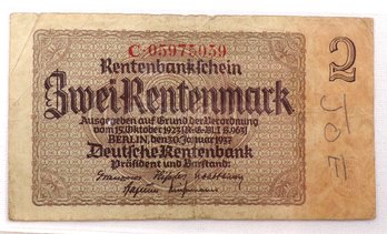 1923 2 Rentenmark Germany Reich Banknote Currency