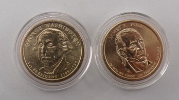 (2 Gem BU Presidential $1), 2007-P Washington & 2009-P Polk In OGP Plastic Coin Capsule Holders