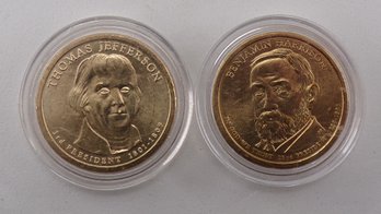 (2 Gem BU Presidential $1), 2007-P Jefferson & 2012-P B. Harrison In OGP Plastic Coin Capsule Holders