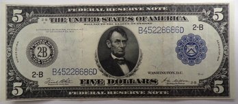 Beautiful 1914 $5 FEDERAL RESERVE NOTE - About Uncirculated (Large Size U.S. Currency)