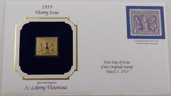 22kt Gold Replica 1919 (Victory Issue) 3C Liberty Victorious Stamp W/Replica Of Original