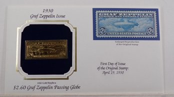 22kt Gold Replica 1930 (Graf Zeppelin) $2.60 Graf Zeppelin Passing Globe Stamp W/Replica Of Original