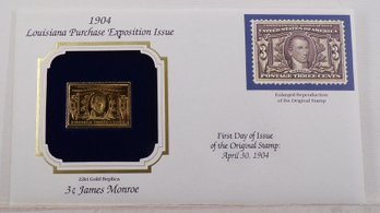 22kt Gold Replica 1904 (Louisiana Purchase Expo) 3C James Monroe Stamp W/Replica Of Original