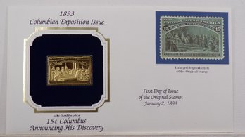 22kt Gold Replica 1893(Columbian Exposition) 15C Columbus Announcing His Discovery Stamp W/Replica Of Original