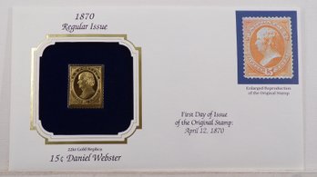 22kt Gold Replica 1870, 15C Daniel Webster Stamp Bearing Reproduction Of Original Stamp