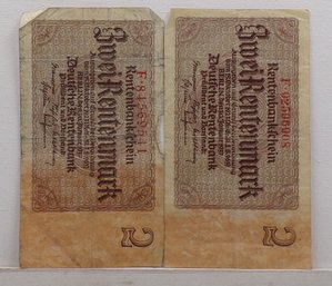 Two 1923-1937 2 Rentenmark Germany Reich Banknote Currency