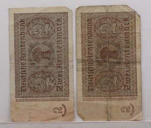 Two 1923-1937 2 Rentenmark Germany Reich Banknote Currency