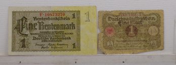 Two Vintage Banknotes, 1-1920 '1 Mark & 1-1923-1937 2 Rentenmark Germany Reich Banknote Currency