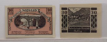 Two Vintage Banknotes, 1920 10-Heller & 30-Heller Germany Reich Banknote Currency