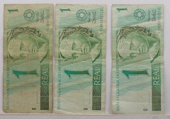 Three Vintage Bank Of Brazil '1 Real' Foreign Banknotes