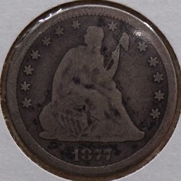1877-CC Seated Liberty Silver Quarter Dollar (Most Liberty) Scarce Type With Fine Edge-Reeding