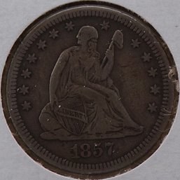 1857 Seated Liberty Silver Quarter Dollar 'Full Liberty' XF