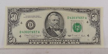 Error 'Faulty Alignment, Very Scarce Both Sides' 1990 $50 Federal Reserve Note, GEM Uncirculated