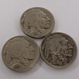 (3) Full Date Buffalo Nickels 1928, 1936, 1937