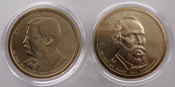 (2 Gem BU Presidential $1), 2011-P Garfield & 2013-P Roosevelt In OGP Plastic Coin Capsule Holders