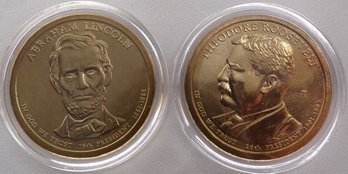 (2 Gem BU Presidential $1), 2010-D Lincoln & 2013-D Roosevelt In OGP Plastic Coin Capsule Holders