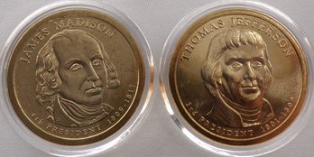 (2 Gem BU Presidential $1), 2007-D Madison & Jefferson In OGP Plastic Coin Capsule Holders