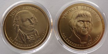 (2 Gem BU Presidential $1), 2007-P Jefferson & Adams In OGP Plastic Coin Capsule Holders