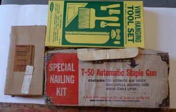 Tools Including Vinyl Hanging Tool, Arrow T-50 Automatic Stapler & Box Of Various Size Self Tapping Screws