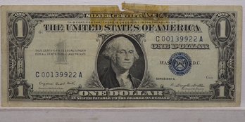 1957A $1 Silver Certificate (One Dollar Blue Seal) Torn On Top