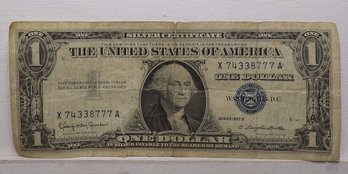1957B $1 Silver Certificate (One Dollar Blue Seal) Torn On Bottom