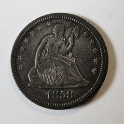 Beautiful 1858 Seated Liberty Silver Quarter AU Nicely Toned