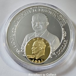 Beautiful Dwight D Eisenhower Commemorative Proof Coin With 22K Gold Plated Inlay Coin, GEM BU