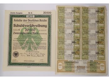 1922 Germany Reich Berlin German 20,000 Mark Treasury Bond & 5,000 Mark Uncancelled Coupons