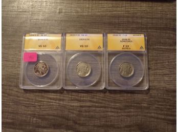 (3) Certified Buffalo Nickels 1936-S (ANACS VG 10), 1929-S (ANACS VG 10), 1928 (ANACS F 12 Details)