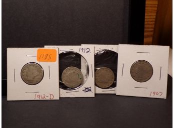 (4) Liberty Head Nickels 1907, 1911, 1912, 1912-D 'Nicely Circulated'