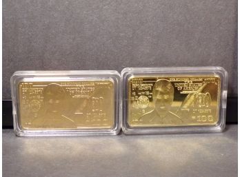 (2) President Donald Trump '24k Gold Layered Coined Bars' 100 Dollar Bill Brillant Uncirculated