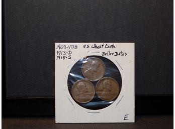 (3) Better Date Lincoln Wheat Cents 1909-VDB, 1913-D, 1918-S