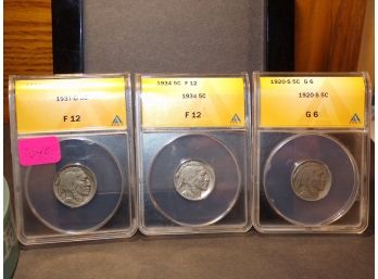 (3) Certified Buffalo Nickels 1937-D (ANACS F 12), 1934 (ANACS F 12), 1920-S (ANACS G 6)