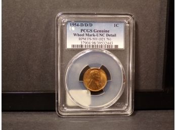 Error 1954-D/D/D Lincoln Wheat Cent PCGS Genuine Uncirculated Details (Wheel Mark)