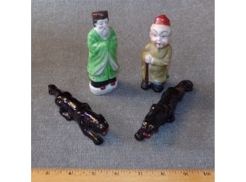 Four Vintage 5' Porcelain Figures, (2 Jaguars & 2 Japanese Men)