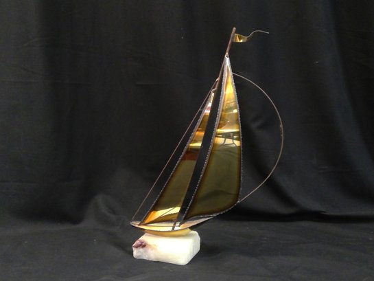 Brutalist Brass Quartz Sailboat Sculpture MCM Vintage Signed 2 Sails