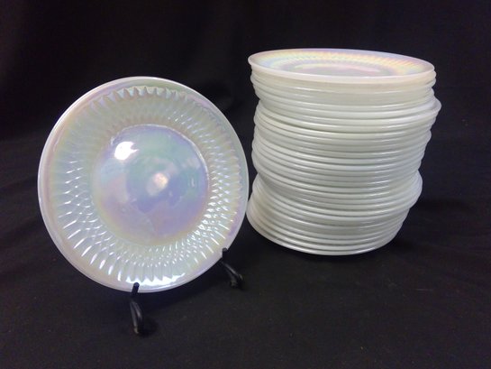 Vintage Federal Glass Moonglow White Iridescent Dinner Plates, Ribbed Edge, Opalescent Plate