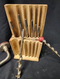 Antique Hand Drill & Bits With Wooden Bit Storage Box