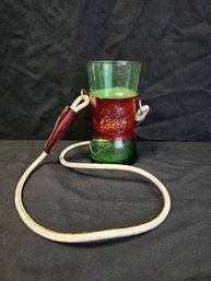 Vintage Blown Green Glass Leather Hands Free Cocktail Beer Tumbler Lanyard