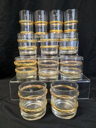 Mid Century Gold Toned Banded Bar Glass Set