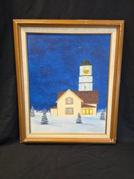 Winter Lighthouse Framed Painting Signed 'Robert'