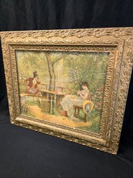 Framed Victorian Lithograph Print A Couple Courting In The Garden