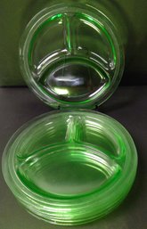 6 Unmarked 3 Compartment Dinner Plates Green Uranium Depression Glass