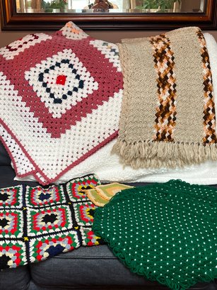 Vintage Crocheted Granny Square Blankets Couch Cover Placemats Pot Holders Lot