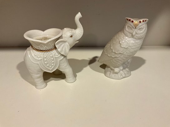 Lot Of 2 Lenox Porcelain Ivory 24 Karat Gold Animals Elephant Candle Holder And Jewels Collection Owl